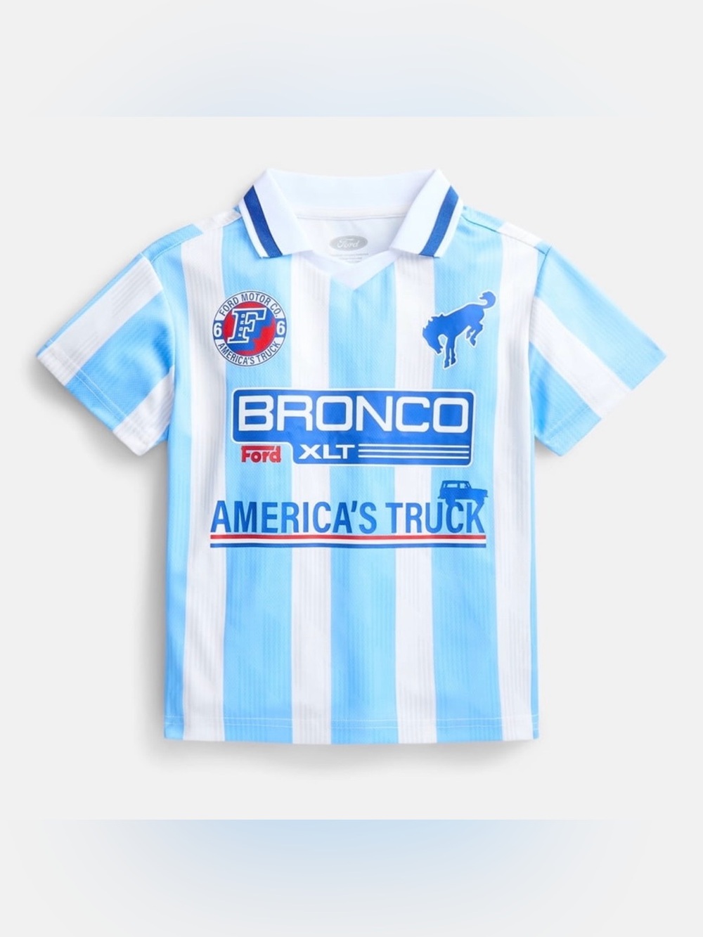 The Ford Bronco XLT Boys Logo Polo Shirt in Blue/White Striped is a stylish and